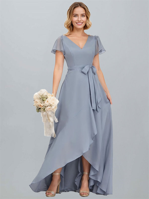 A-Line V-Neck Short Sleeves High Low Long Chiffon Ruched Bridesmaid Dresses