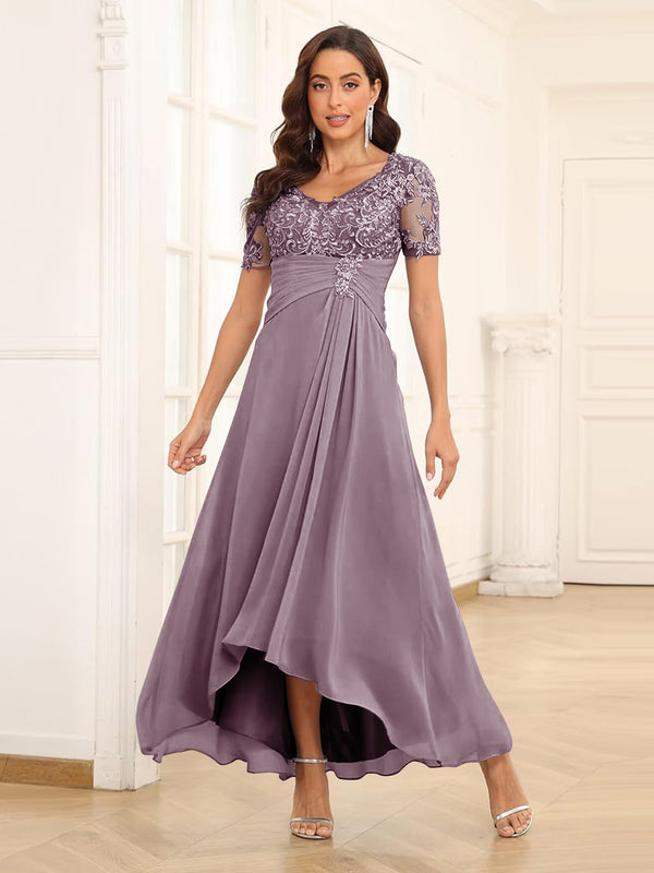 V-Neck Lace Applique Tea-Length Chiffon Wedding Guest Dress