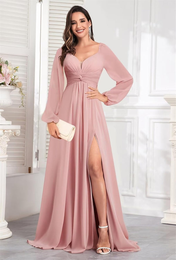 A-line Long Sleeve Pleated Chiffon Bridesmaid Dresses with Slit