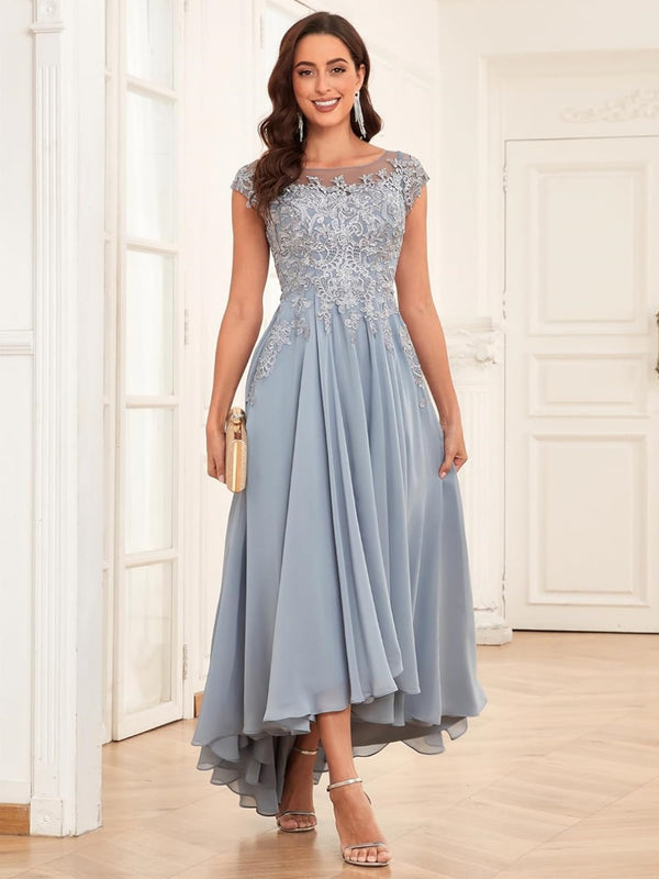 Cap Sleeves Lace Appliques Tea-Length Chiffon  Mother of The Bride Dresses with Pockets