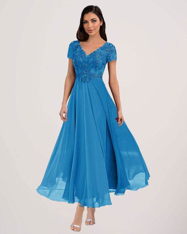 A-Line V-Neck Lace Appliques Tea-Length Chiffon Bridesmaid Dresses